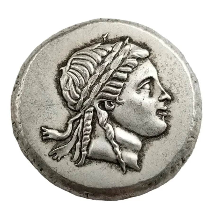 Ancient Greek Nike laurel wreath commemorative collectible coin goddess portrait styled hair antique silver historical coin gift for collectors available at One More Coin store
