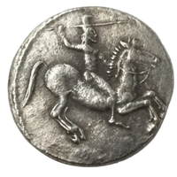 Ancient Greek Pan coin reverse side horseman cavalry warrior throwing spear riding horse antique silver collectible coin
