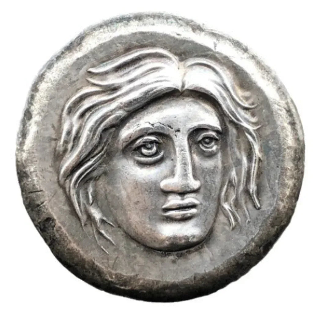 Ancient Greek Rhodes Helios rose commemorative collectible coin sun god frontal face radiating hair antique silver historical coin gift for collectors available at One More Coin store
