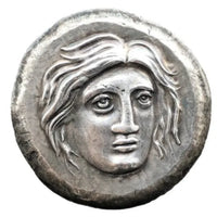 Ancient Greek Rhodes Helios rose commemorative collectible coin sun god frontal face radiating hair antique silver historical coin gift for collectors available at One More Coin store
