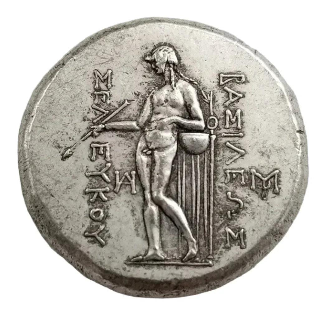 Ancient Greek coin reverse side standing deity Apollo staff column Greek inscription antique silver collectible coin

