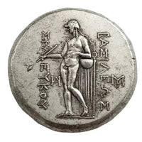 Ancient Greek coin reverse side standing deity Apollo staff column Greek inscription antique silver collectible coin
