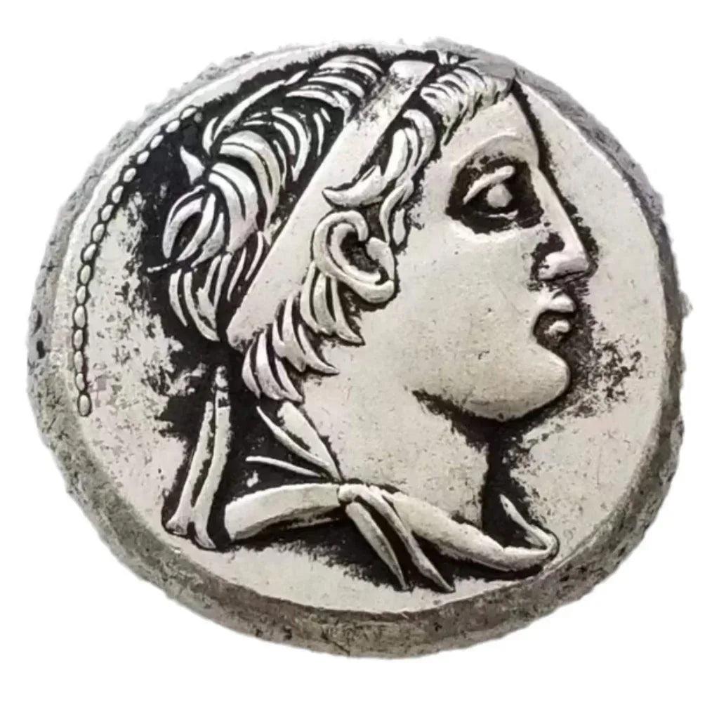 Ancient Ptolemaic Egypt eagle commemorative collectible coin Greek dynasty royal portrait wavy hair antique silver historical coin gift for collectors available at One More Coin store
