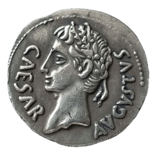 Ancient Roman Caesar denarius commemorative collectible coin emperor profile laurel wreath CAESAR AVGVSTVS replica available at One More Coin store
