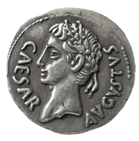 Ancient Roman Caesar denarius commemorative collectible coin emperor profile laurel wreath CAESAR AVGVSTVS replica available at One More Coin store
