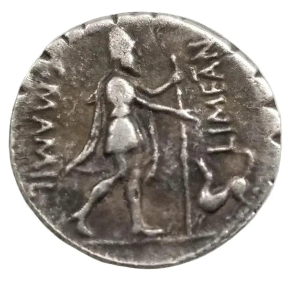 Ancient Roman emperor coin reverse side standing Victory Roma Virtus figure staff Latin inscription antique silver collectible coin
