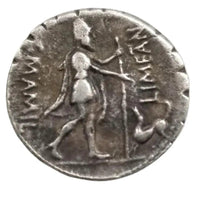 Ancient Roman emperor coin reverse side standing Victory Roma Virtus figure staff Latin inscription antique silver collectible coin

