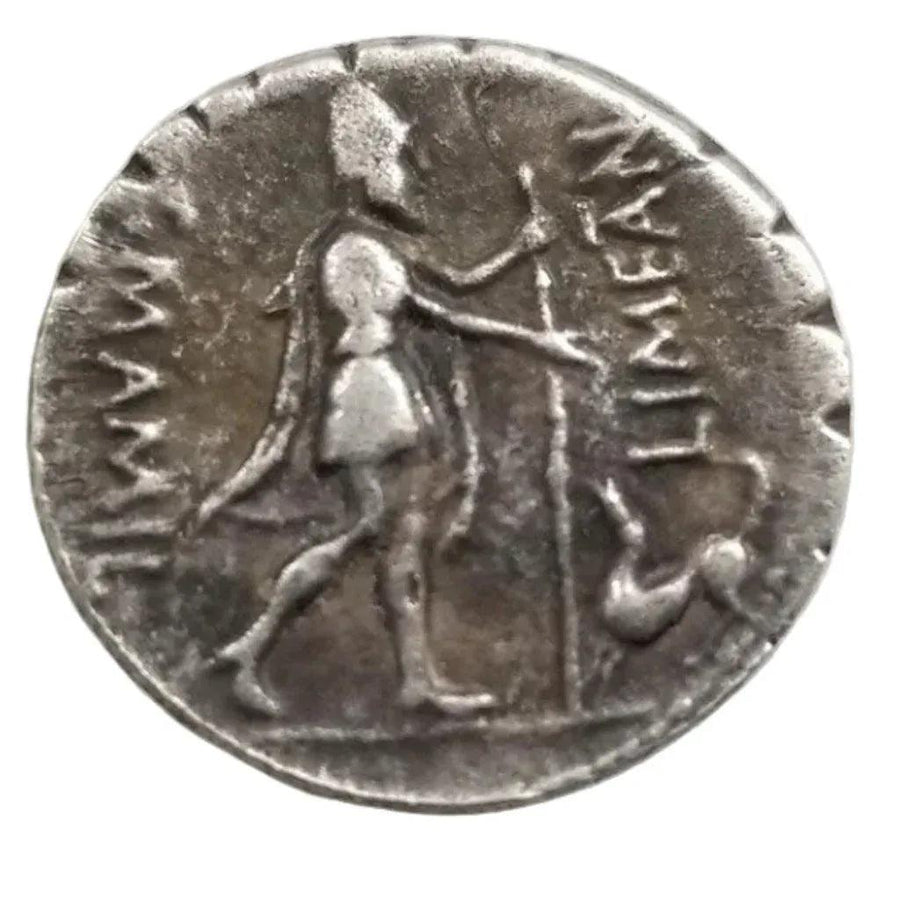 Ancient Roman emperor coin reverse side standing Victory Roma Virtus figure staff Latin inscription antique silver collectible coin
