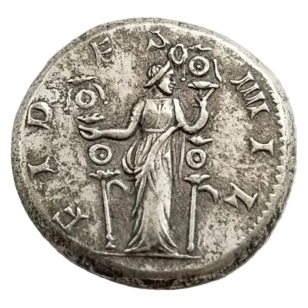 Ancient Roman Philip I coin reverse side Felicitas goddess caduceus cornucopia prosperity Latin inscription antique silver collectible coin
