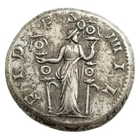 Ancient Roman Philip I coin reverse side Felicitas goddess caduceus cornucopia prosperity Latin inscription antique silver collectible coin
