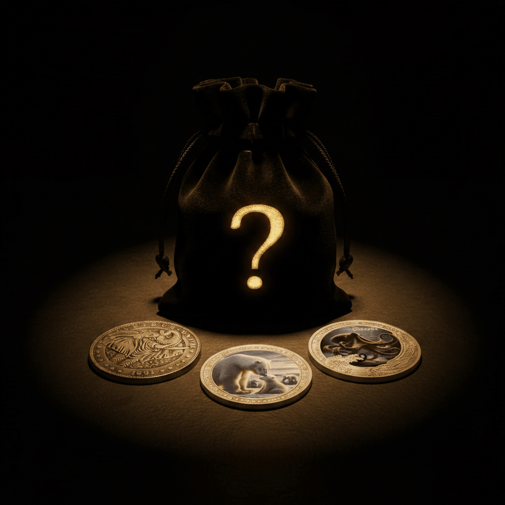 A dark drawstring pouch glowing with a large golden question mark, with three illustrated animal coins arranged in front on a spotlighted black background.