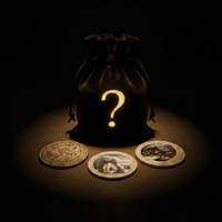 A dark drawstring pouch glowing with a large golden question mark, with three illustrated animal coins arranged in front on a spotlighted black background.