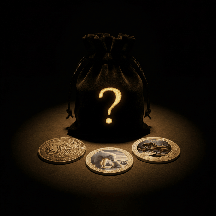 A dark drawstring pouch glowing with a large golden question mark, with three illustrated animal coins arranged in front on a spotlighted black background.