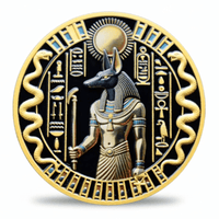 A circular gold-toned coin featuring Anubis, the Egyptian god of death, in profile holding a scythe, surrounded by hieroglyphs, a sun, and coiled serpent motifs on a black background. Available at one more coin store.