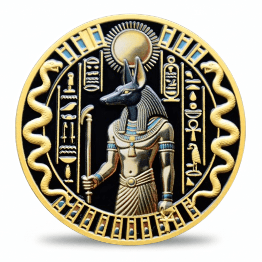 A circular gold-toned coin featuring Anubis, the Egyptian god of death, in profile holding a scythe, surrounded by hieroglyphs, a sun, and coiled serpent motifs on a black background. Available at one more coin store.