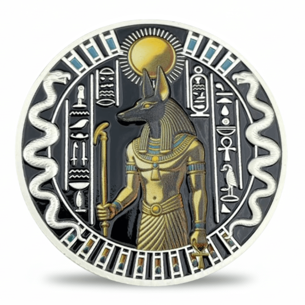 Anubis jackal god solar disc hieroglyphs twin serpents antique silver ancient Egyptian collectible coin mythology gift
