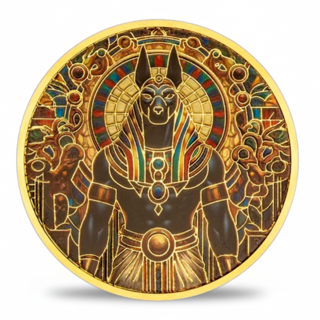 Anubis Egyptian mythology collectible coin front face gold enamel jackal god ancient Egypt available at One More Coin store
