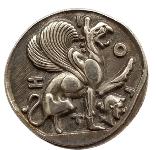 Archaic griffin rearing ancient Greece Greek collectible coin token mythology gift for collectors available at One More Coin store
