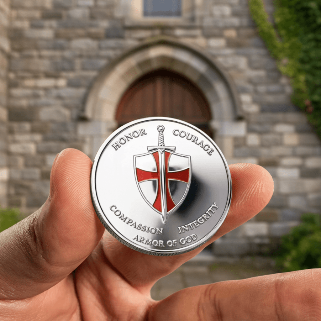 Armor of God coin two fingers church background Christian faith collectible token display
