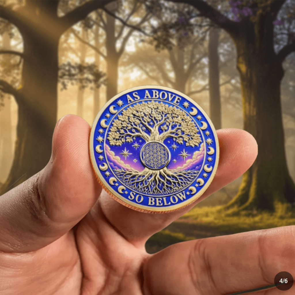 A hand holds a round, ornate coin featuring a tree of life design with stars and the text 'AS ABOVE SO BELOW' against a blurred forest background.