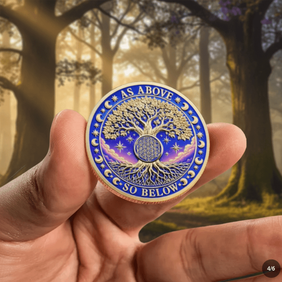 A hand holds a round, ornate coin featuring a tree of life design with stars and the text 'AS ABOVE SO BELOW' against a blurred forest background.