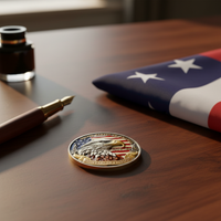 Bald Eagle 250 Years of Freedom USA collectible coin both sides laid flat on rustic walnut wood surface front and reverse gold-plated patriotic commemorative collectible token
