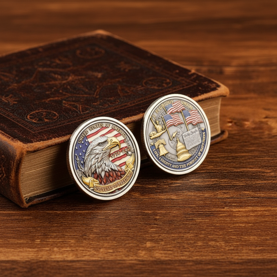 Bald Eagle 250 Years of Freedom USA collectible coin leaning against leather book on mahogany desk patriotic collector display gold-plated commemorative collectible token
