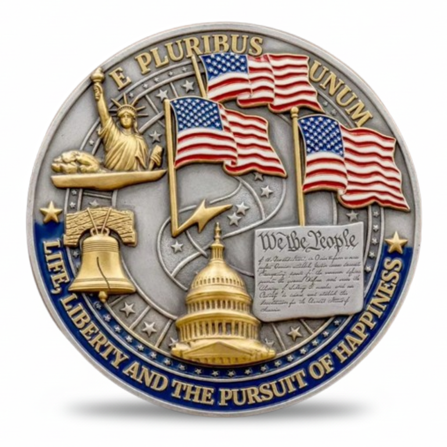Bald Eagle 250 Years of Freedom coin reverse featuring Statue of Liberty Liberty Bell Capitol We the People E Pluribus Unum Life Liberty Pursuit of Happiness commemorative collectible token
