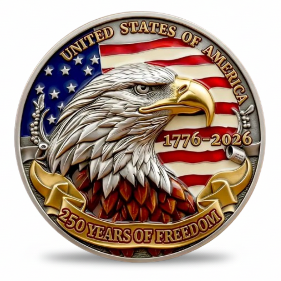Bald Eagle 250 Years of Freedom USA collectible coin featuring eagle portrait with American flag 1776 2026 gold ribbon banner patriotic commemorative collectible token available at One More Coin store
