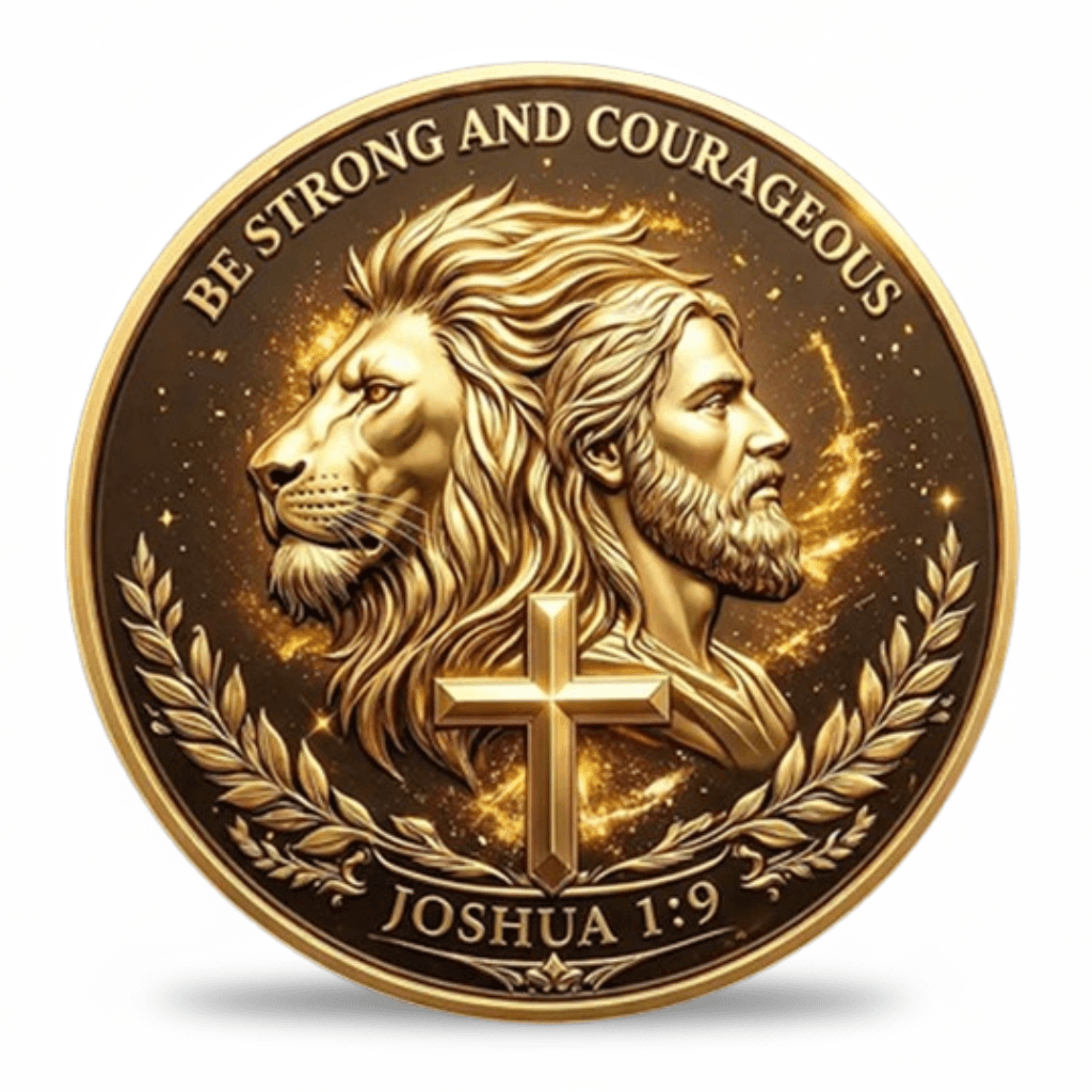 Be Strong and Courageous Joshua 1:9 lion and Jesus Christian collectible coin available at One More Coin store
