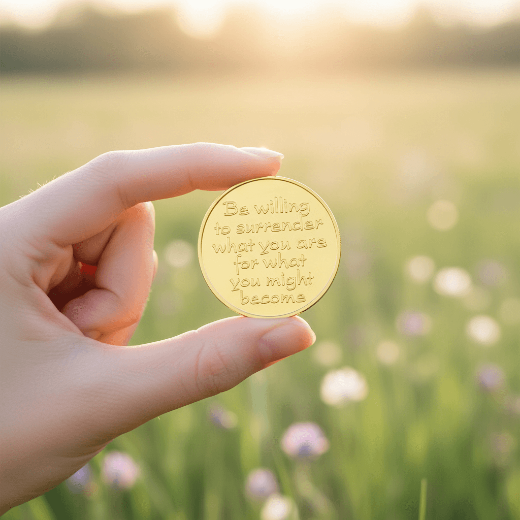 Hand holding be willing to surrender what you are for what you might become coin polished gold handwritten script spring meadow golden light transformation collectible token

