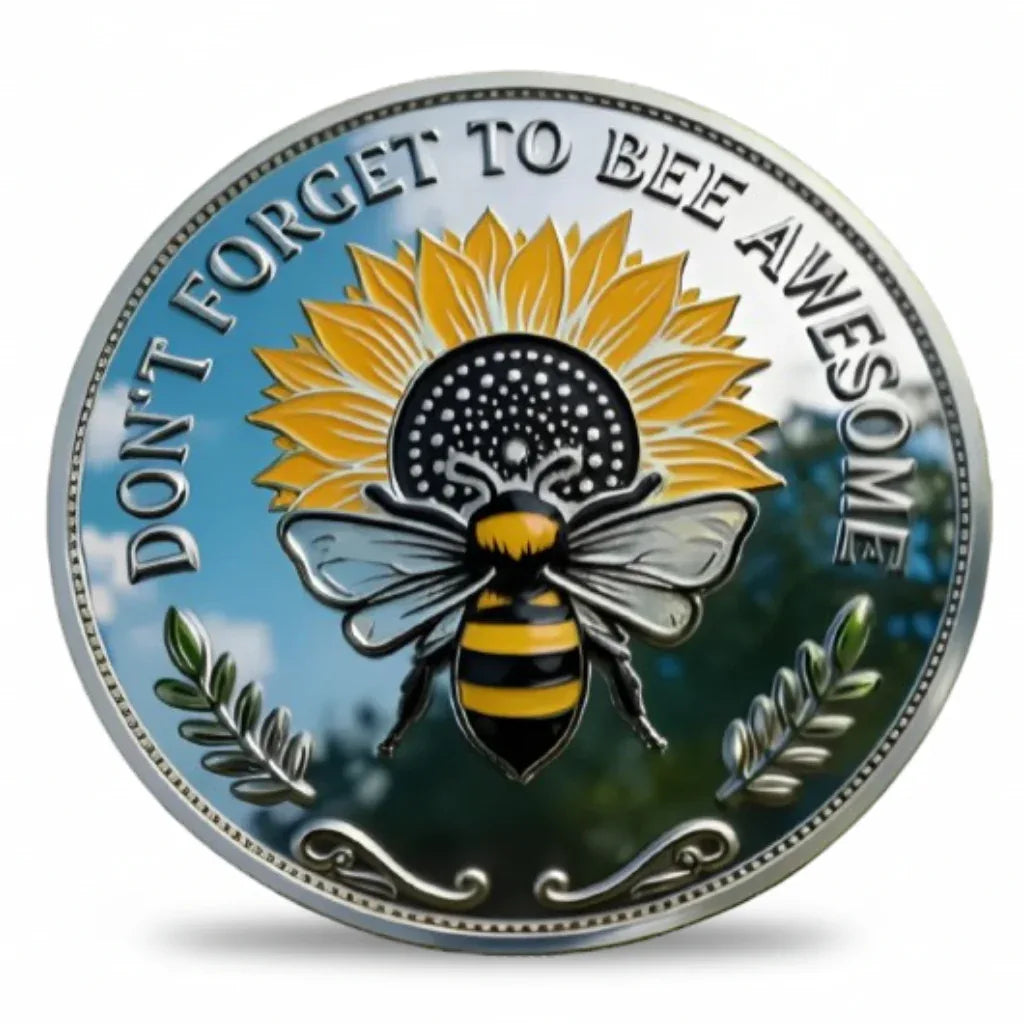 Don't Forget to Bee Awesome collectible coin sunflower honeybee antique silver enamel positivity gift for her available at One More Coin store
