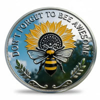 Don't Forget to Bee Awesome collectible coin sunflower honeybee antique silver enamel positivity gift for her available at One More Coin store
