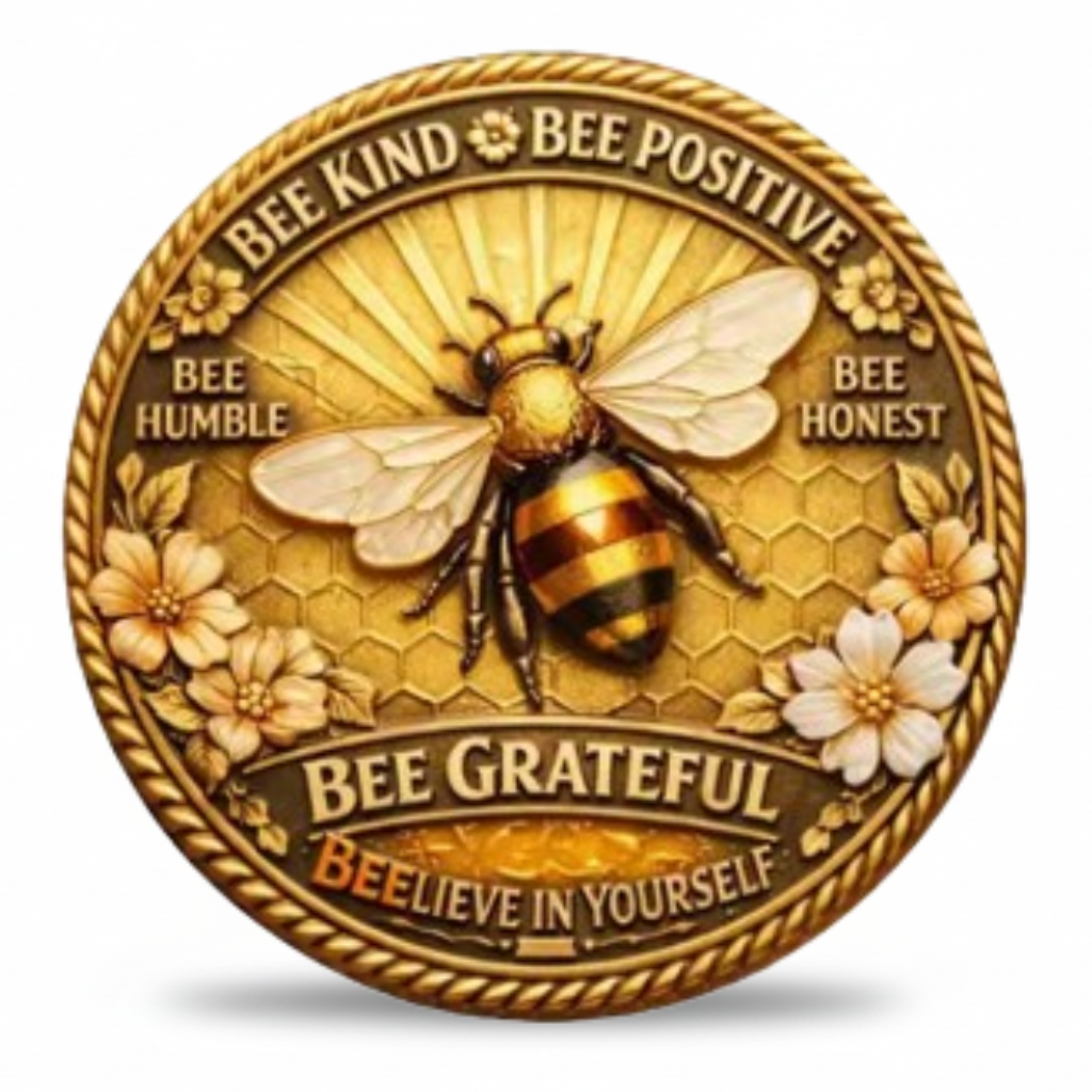 Bee Kind Bee Positive Bee Grateful motivational collectible coin token front view available at One More Coin store