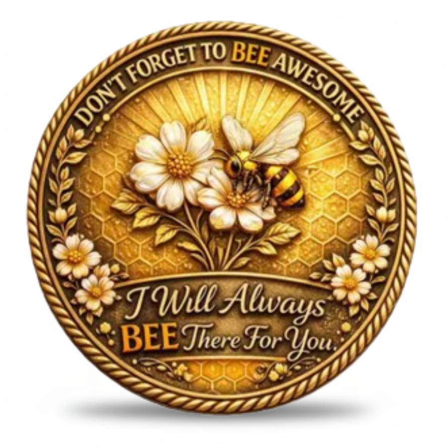 Decorative coin with bee and floral design, featuring text 'Don't forget to bee awesome. I will always bee there for you.'
