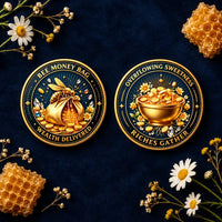 Bee Money Bag Wealth coin both sides overhead flat lay navy velvet dried wildflowers raw honeycomb abundance prosperity lucky charm collectible