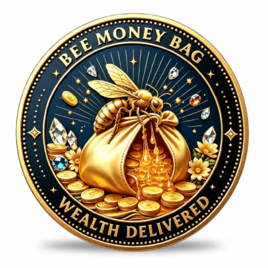 Bee Money Bag Wealth coin front face gold honeybee money bag honeycomb amber honey dripping gold coins diamond ruby sapphire crystal gemstones sparkle deep navy enamel wealth delivered lucky charm collectible available at One More Coin store