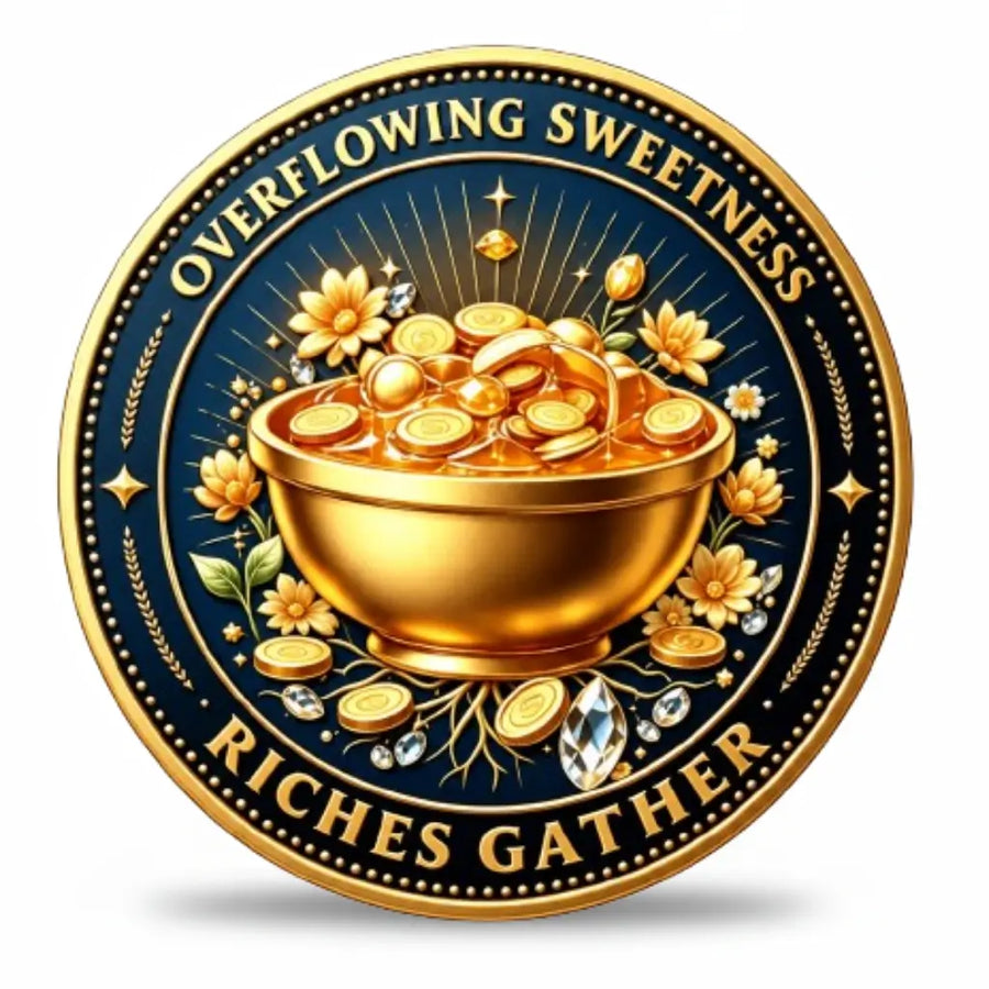 Bee Money Bag Wealth coin reverse gold ceremonial bowl overflowing amber honey gold coins lotus daisy flowers diamond crystal gemstones gold laurel branches deep navy enamel riches gather lucky charm collectible token
