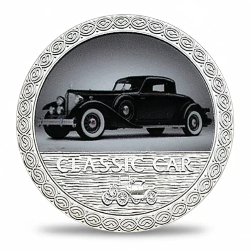 Black 1930s coupe classic car collectible coin vintage automobile memorabilia
