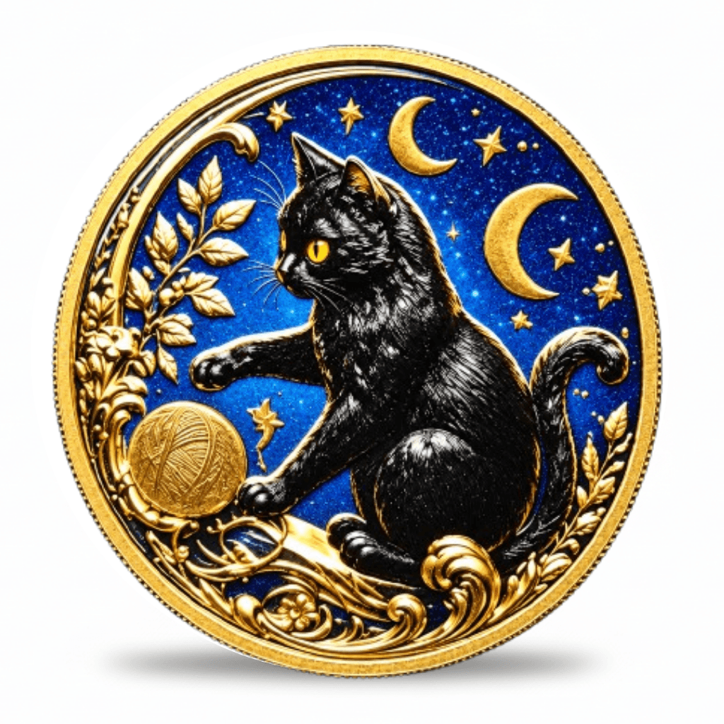 Gold-tone reverse with black cat playing beside a yarn ball beneath crescents and stars, collectible token