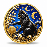 Gold-tone reverse with black cat playing beside a yarn ball beneath crescents and stars, collectible token
