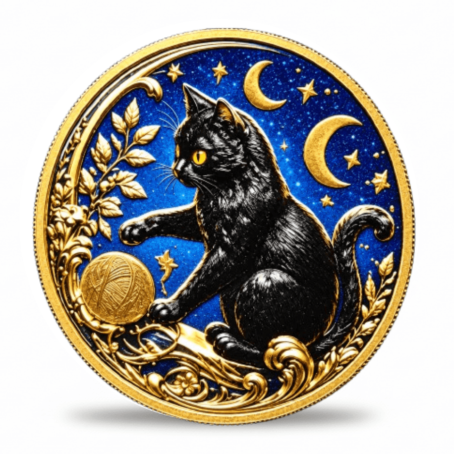 Gold-tone reverse with black cat playing beside a yarn ball beneath crescents and stars, collectible token