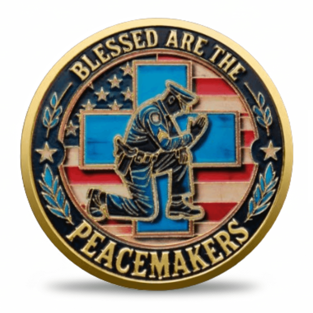 Blessed Are The Peacemakers gold military collectible coin kneeling officer American flag available at One More Coin store
