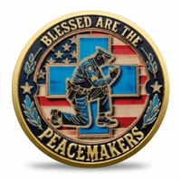 Blessed Are The Peacemakers gold military collectible coin kneeling officer American flag available at One More Coin store
