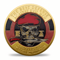 The Best Defense Against Evil Men skull beret military collectible coin reverse side gold finish
