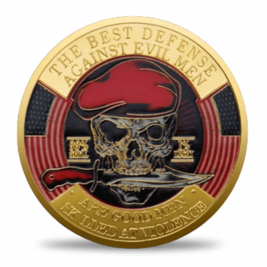 The Best Defense Against Evil Men skull beret military collectible coin reverse side gold finish
