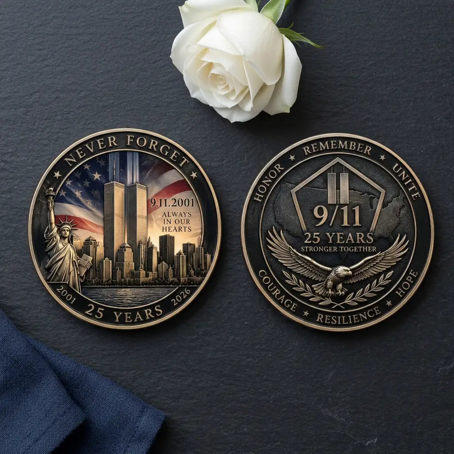 Overhead view of both 9/11 25th anniversary coin faces on charcoal slate, with a white rose above and navy linen at the lower left. The left shows the Twin Towers, Statue of Liberty and American flag beneath “NEVER FORGET,” with 2001–2026 anniversary dates. The right features a 9/11 shield above a spread-winged eagle, with “25 YEARS,” “STRONGER TOGETHER” and remembrance inscriptions around the rim, collectible token