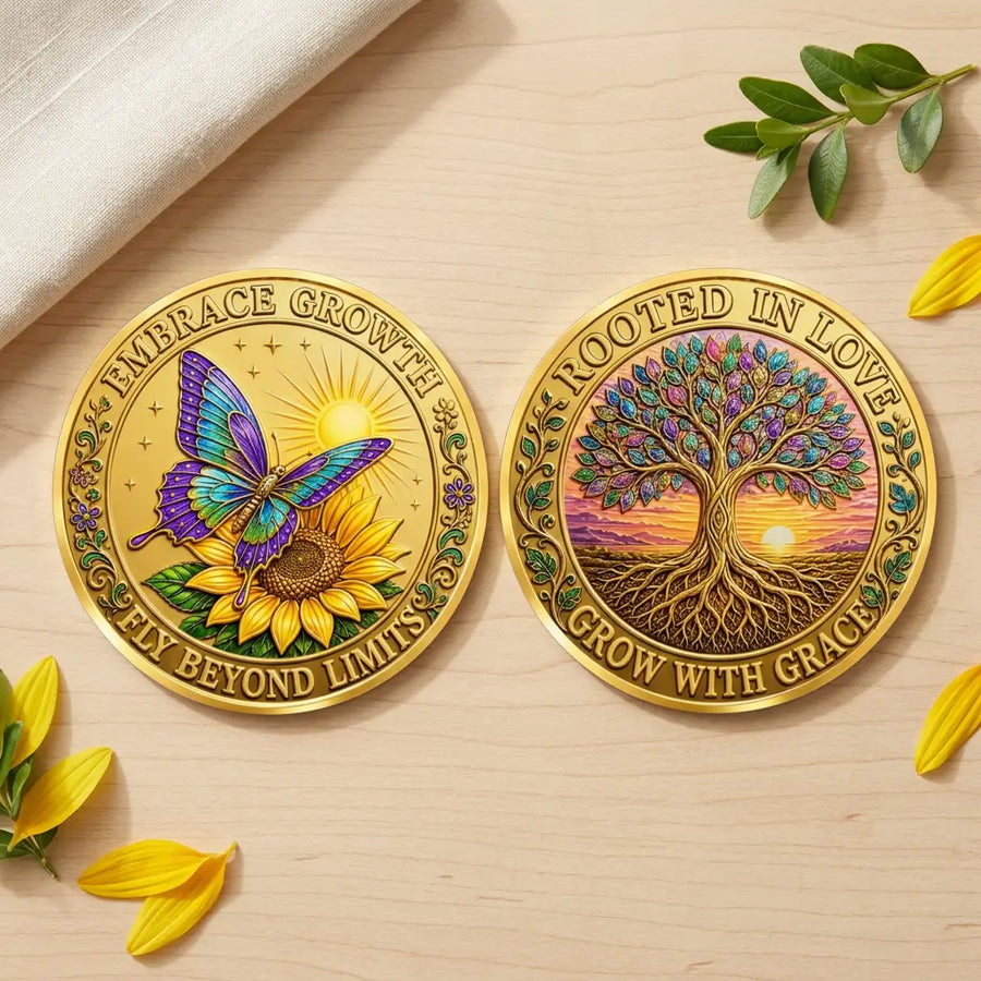 Overhead view of both gold-tone coin faces side by side on pale wood, framed by cream linen, green leaves and yellow petals. The left shows a purple and turquoise butterfly above a sunflower beneath “EMBRACE GROWTH,” with “FLY BEYOND LIMITS” below. The right features a colourful Tree of Life with spreading roots against a sunset, framed by “ROOTED IN LOVE” and “GROW WITH GRACE,” collectible token
