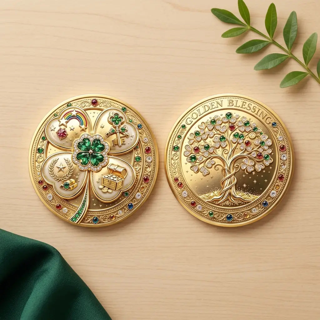 Overhead view of both Golden Blessing coin faces side by side on pale wood, with emerald fabric at the lower left and a leafy green sprig at the upper right. The left features a green four-leaf clover over heart-shaped panels showing a rainbow, keys, gold bars and a treasure chest. The right shows an intertwining tree with colourful jewel-style leaves beneath “GOLDEN BLESSING,” framed by ornate gold-tone borders, collectible token