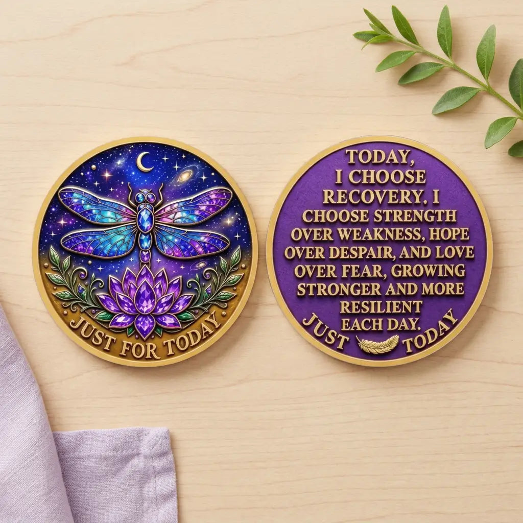 Overhead view of both Just for Today recovery coin faces side by side on pale wood, with lavender linen at the lower left and a leafy green sprig at the upper right. The left shows a blue, turquoise and purple dragonfly above a purple lotus against a starry sky with a crescent moon. The right displays a gold-tone affirmation beginning “TODAY, I CHOOSE RECOVERY” on a purple background, with a feather between “JUST” and “TODAY” below, collectible token
